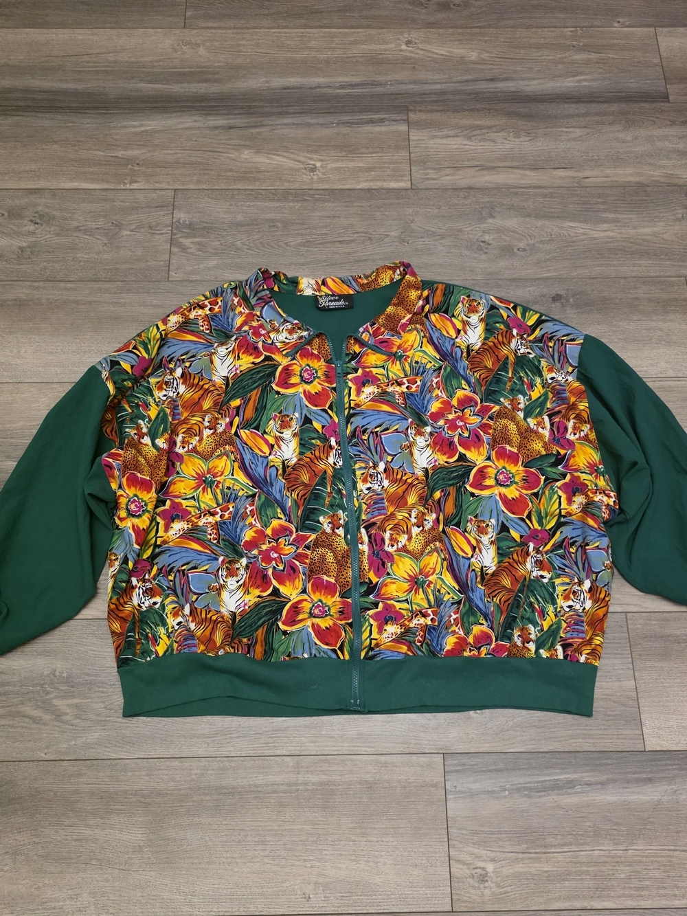 Vintage 90s Silver Threads Tropical Jungle Tiger Hibiscus Bomber Track Jacket 2X